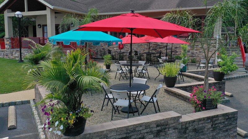 Outside dining area with umbrellas